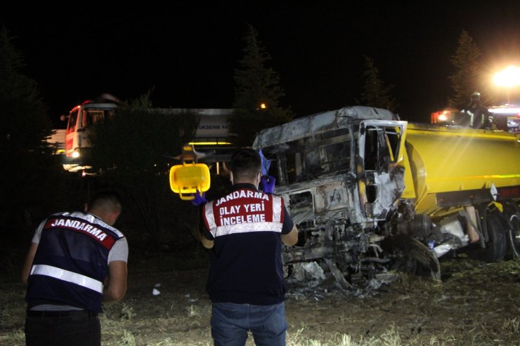 Yoldan çıkan tanker boş arazide alev topuna döndü